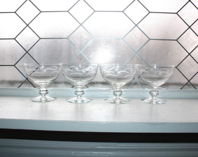 4 Kosta Boda Glass Etched Champagne or Sherbet Glasses