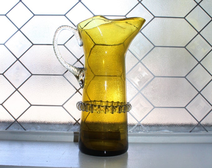 Mid Century Italian Empoli Glass Large Pitcher with Applied Pinch Thread