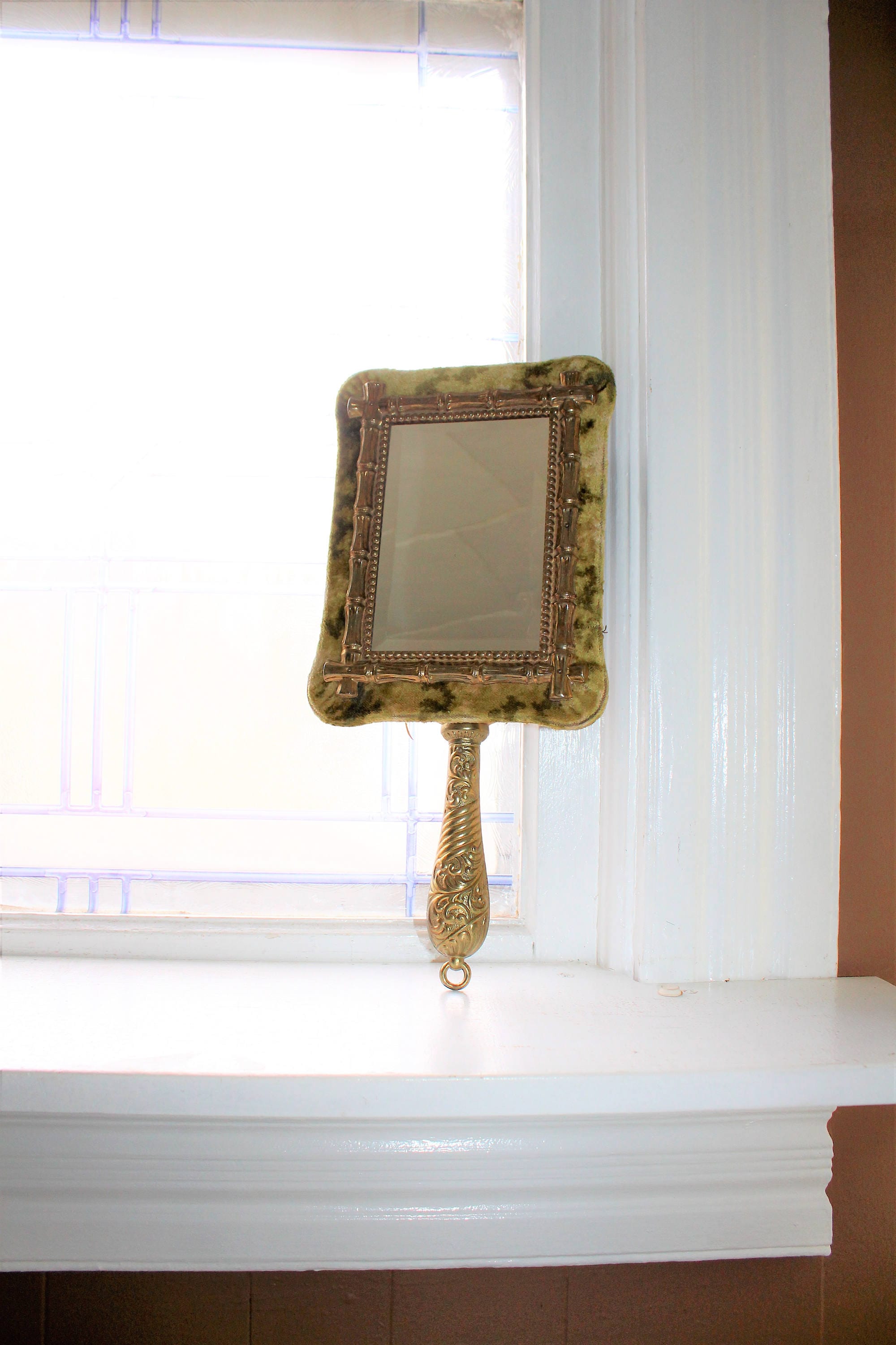 Antique Victorian Whisk Broom Holder Mirror Combo Gold Wash Repoussé