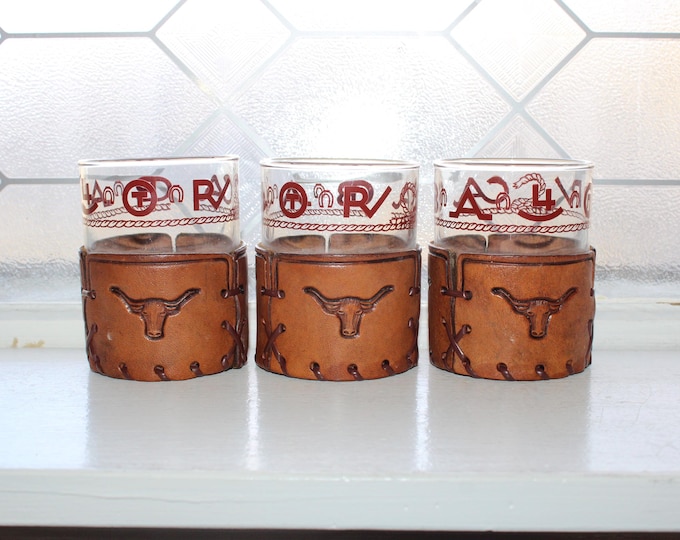3 Vintage Libbey Bamco Western Bar Glasses w/ Tooled Leather Sleeves