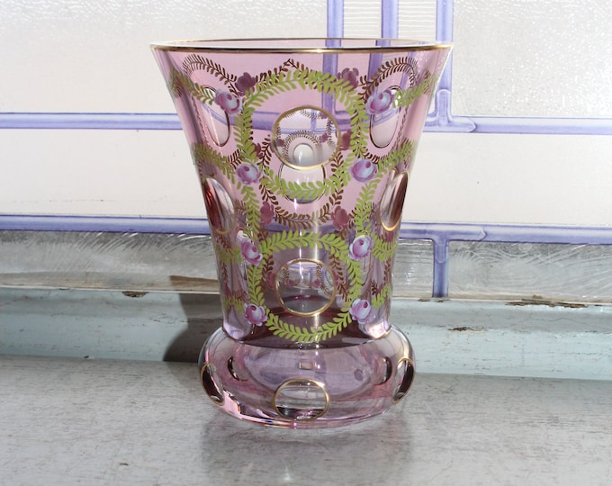 Vintage Pink Crystal Vase Avitra Austrian with Enameling