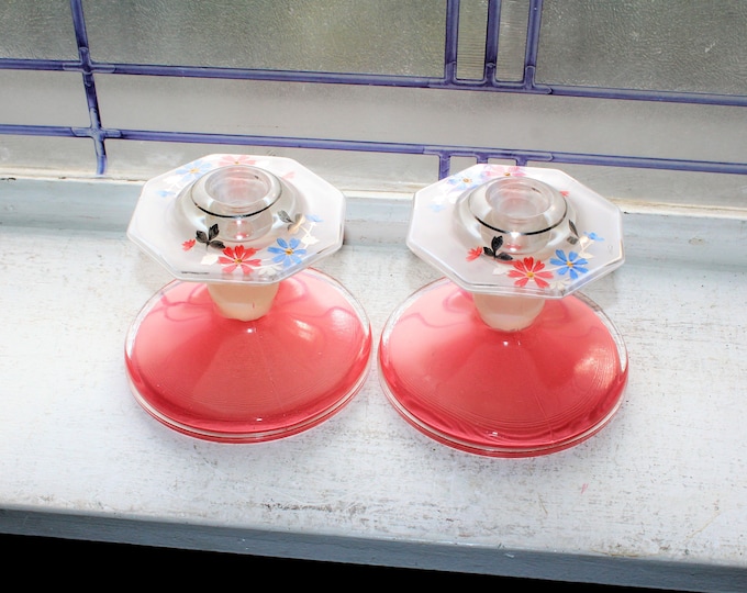 Vintage Indiana Glass Moderne Candlestick Holders Pair Pink and White