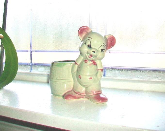 Adorable Teddy Bear Planter Vintage 50s Ceramic Gray and Pink