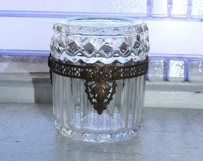 Antique Hollywood Regency Glass Cigarette Jar with Metal Filigree