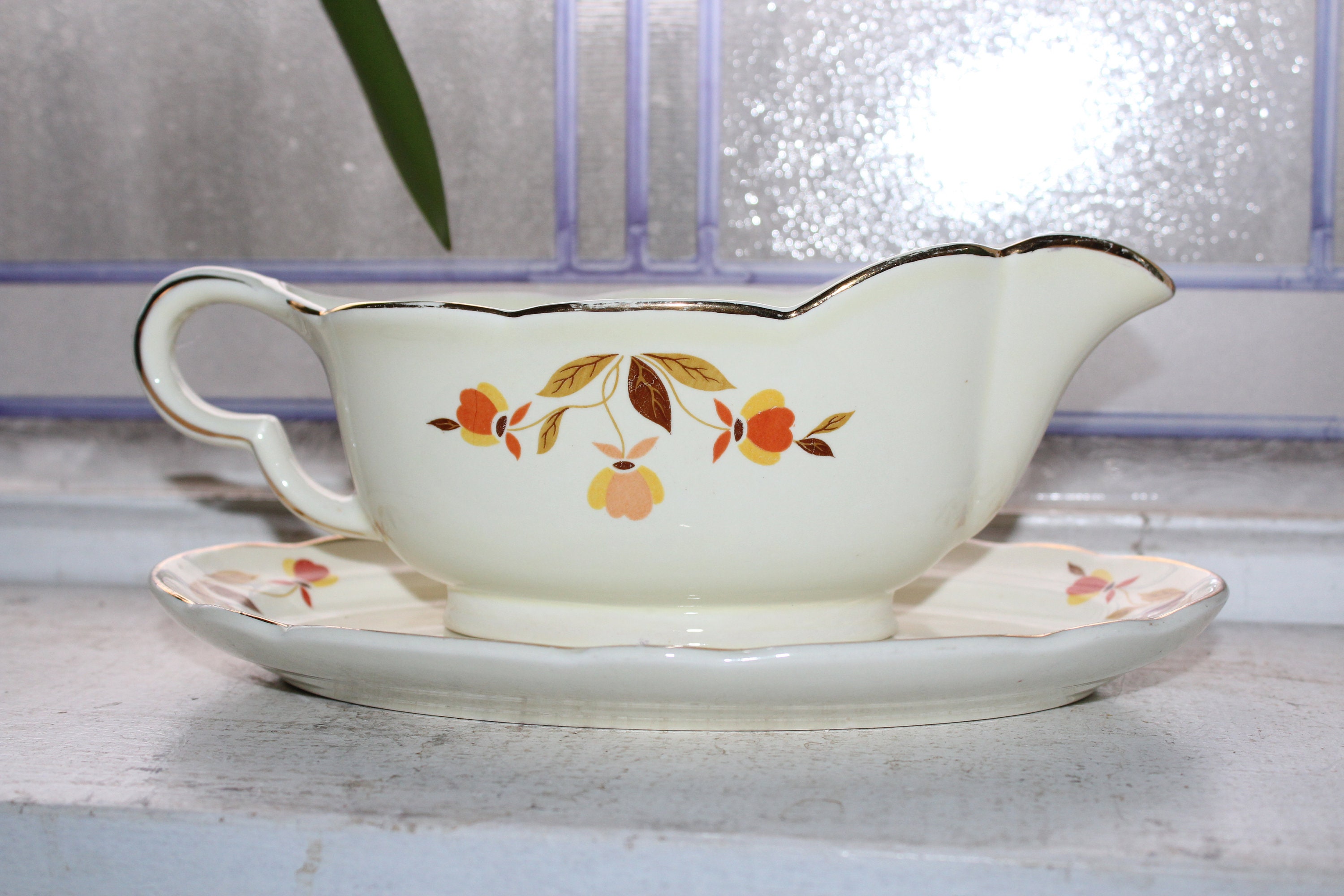 Vintage Autumn Leaf Gravy Boat & Under Plate Hall China 1950s