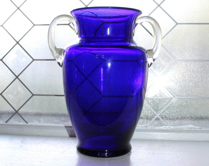 Vintage Louie Cobalt Blue Glass Vase with Applied Clear Handles