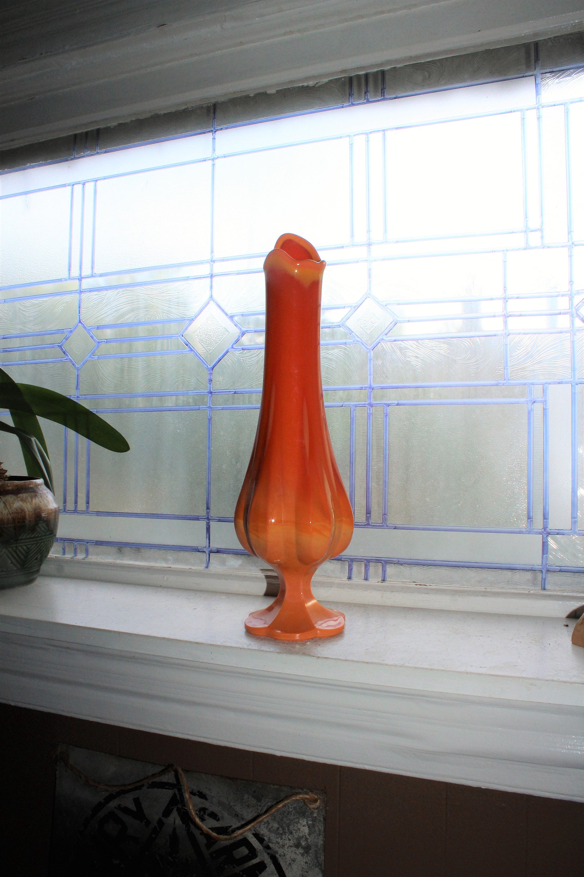 Orange Slag Glass Vase 15.25 Vintage Mid Century Swung Glass