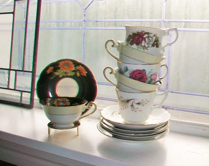 6 Vintage Tea Cups and Saucers Collection Mix and Match Sets Wedding Bridal Bridesmaid Shower Hostess Luncheon Gifts Bone China