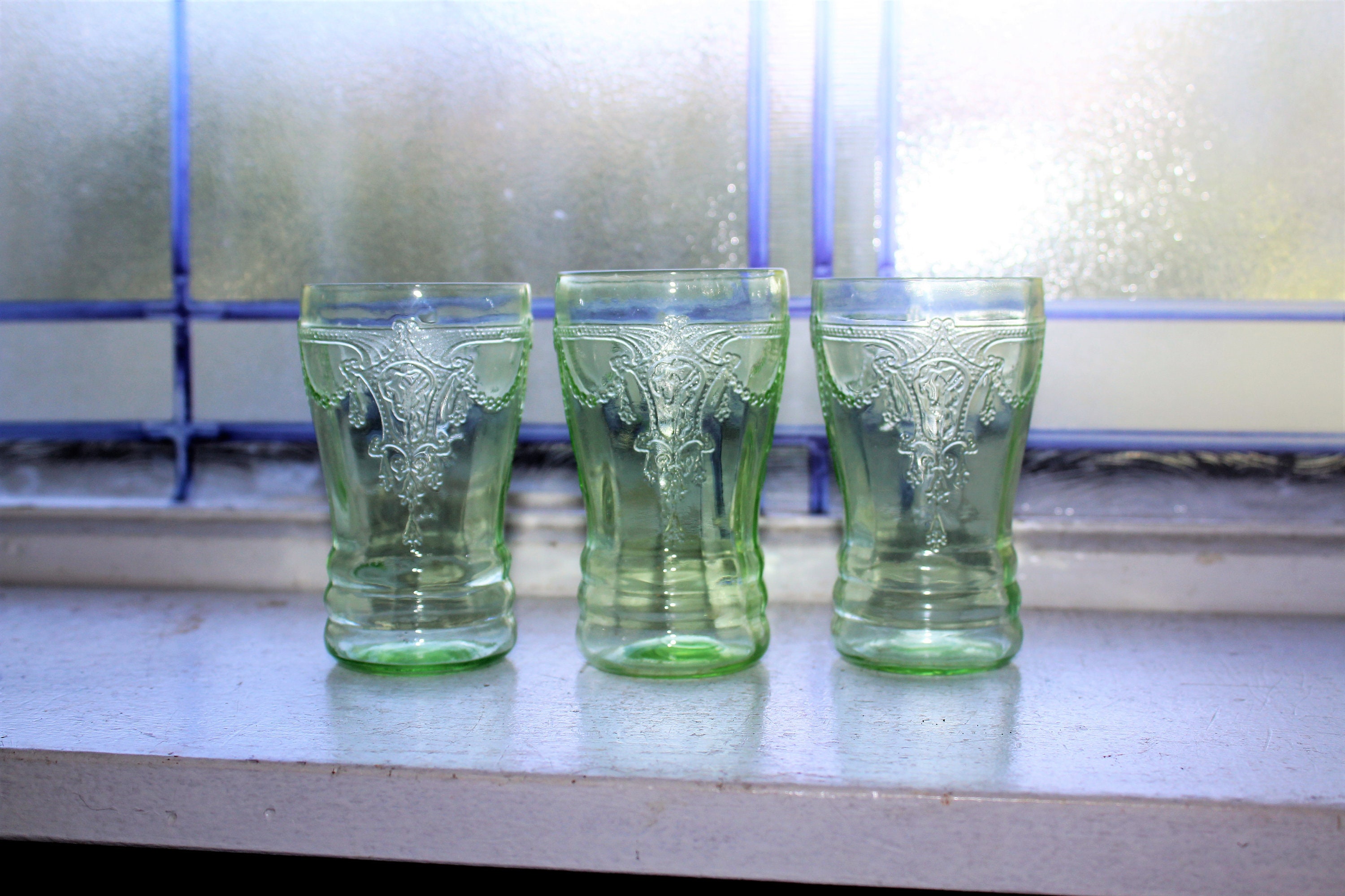 3 Green Depression Glass Juice Glasses 3 3/4 Cameo Ballerina 1930s