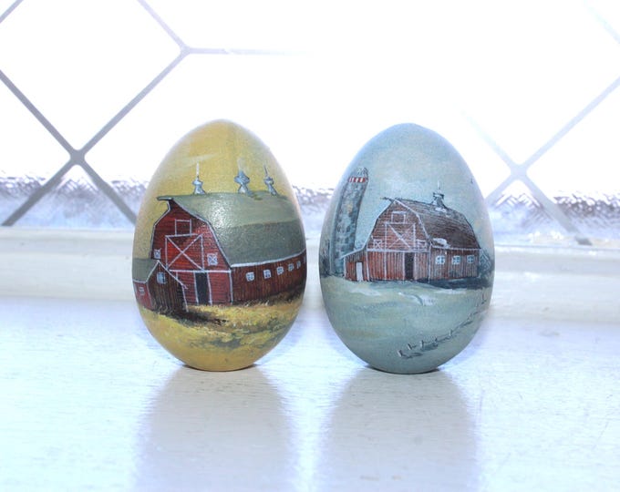2 Vintage Hand Painted Wood Eggs Farm Barn Scenes Artist Signed