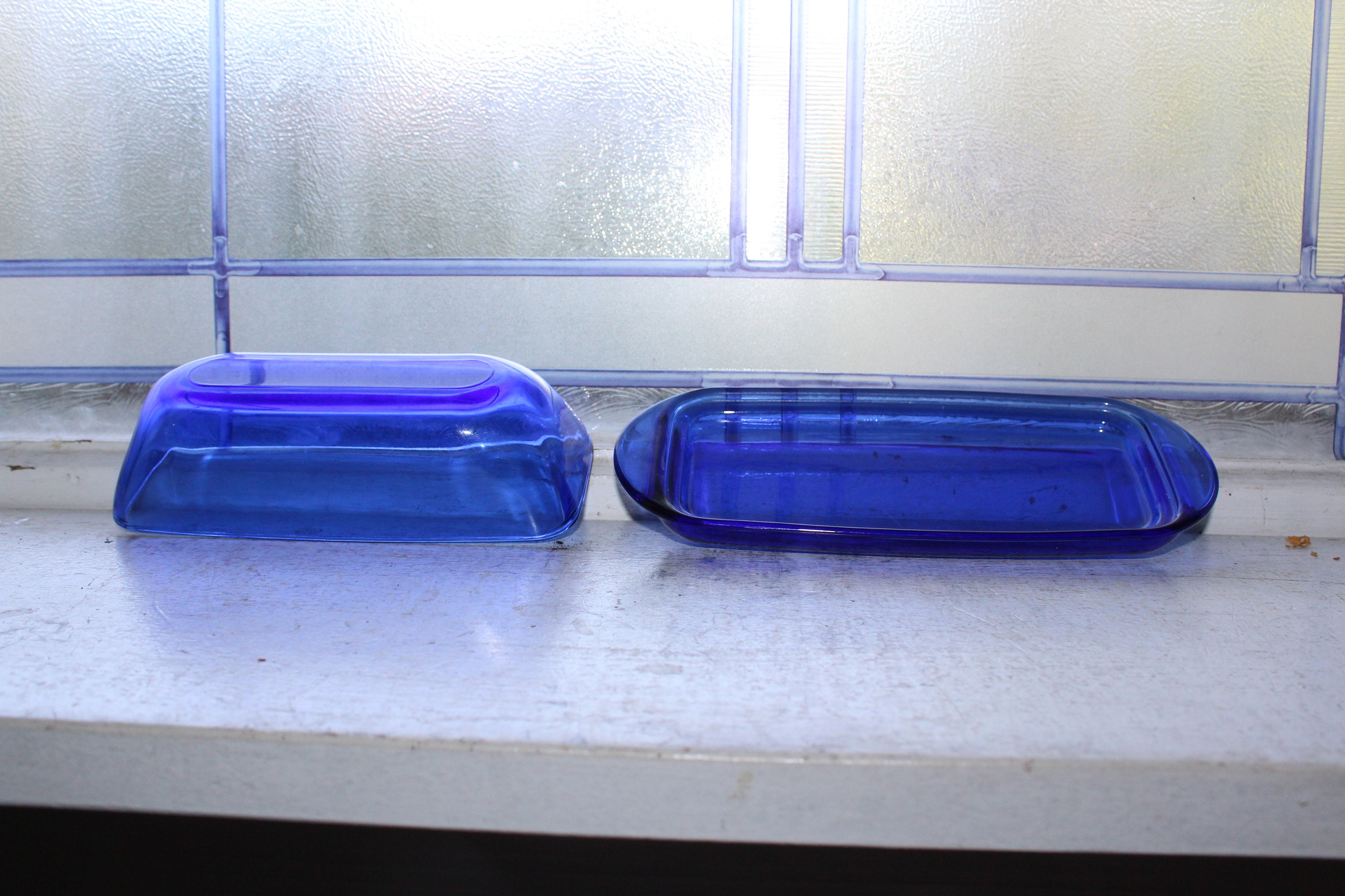 Vintage cobalt blue glass butter dish