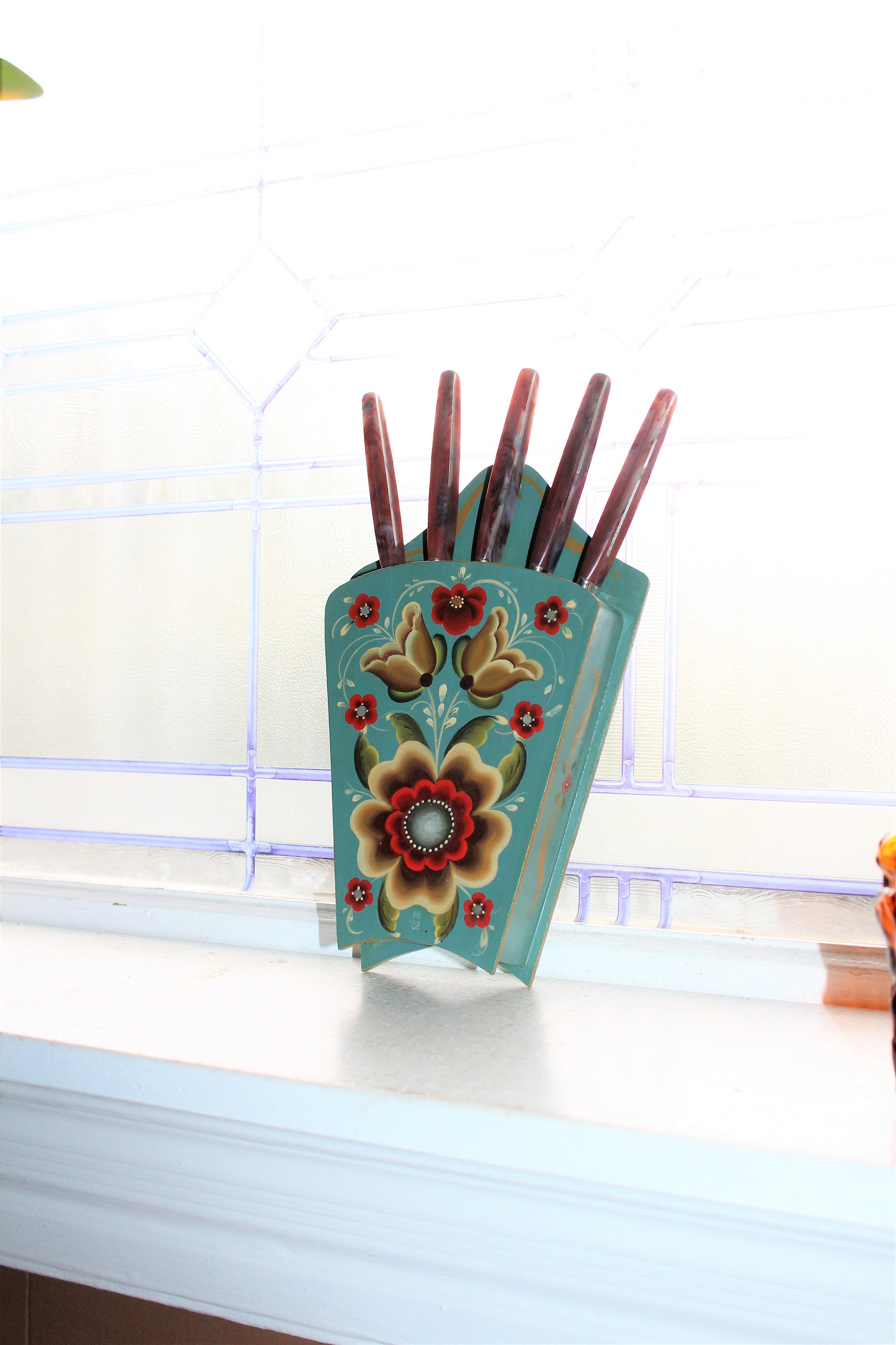 Vintage Rosemaling Wood Knife Holder Norwegian Folk Art