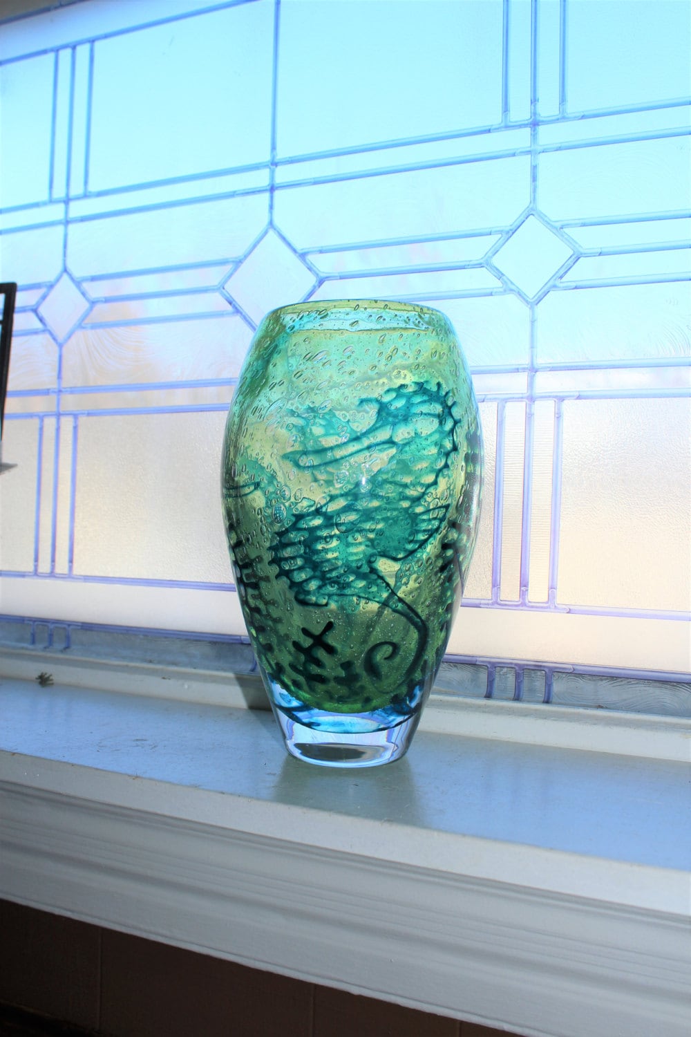 Kosta Boda Large Green Underworld Vase Sea Horses Signed Art Glass 10 25 Inches