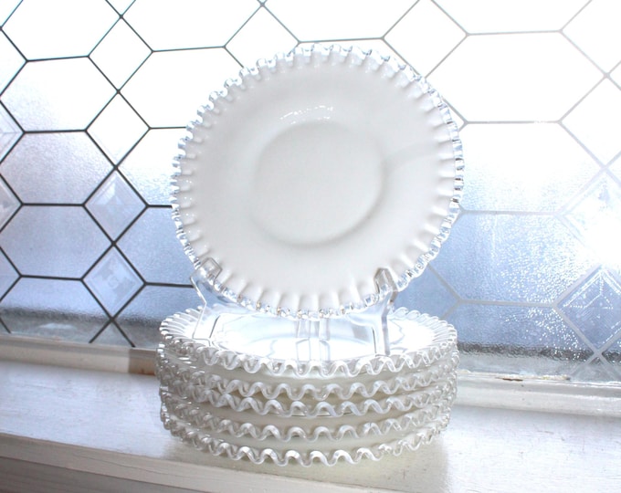 6 Fenton Silver Crest Dessert Luncheon Salad Plates Vintage Milk Glass