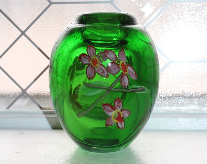 Vintage Murano Sommerso Art Glass Vase Green with Flowers Decorations