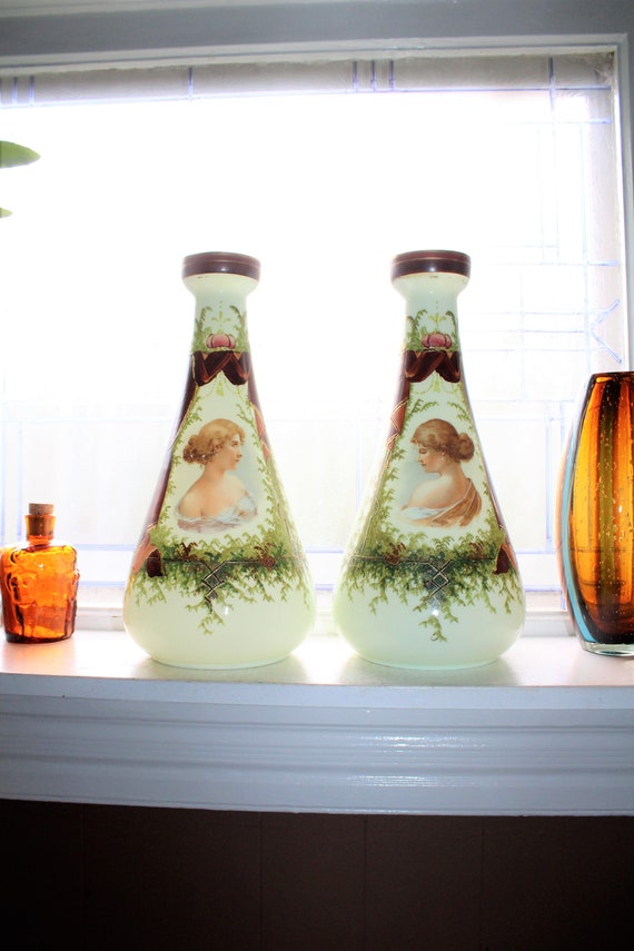 Victorian Portrait Vases Pair Hand Painted Milk Glass 1800s il 570xN 4qqd