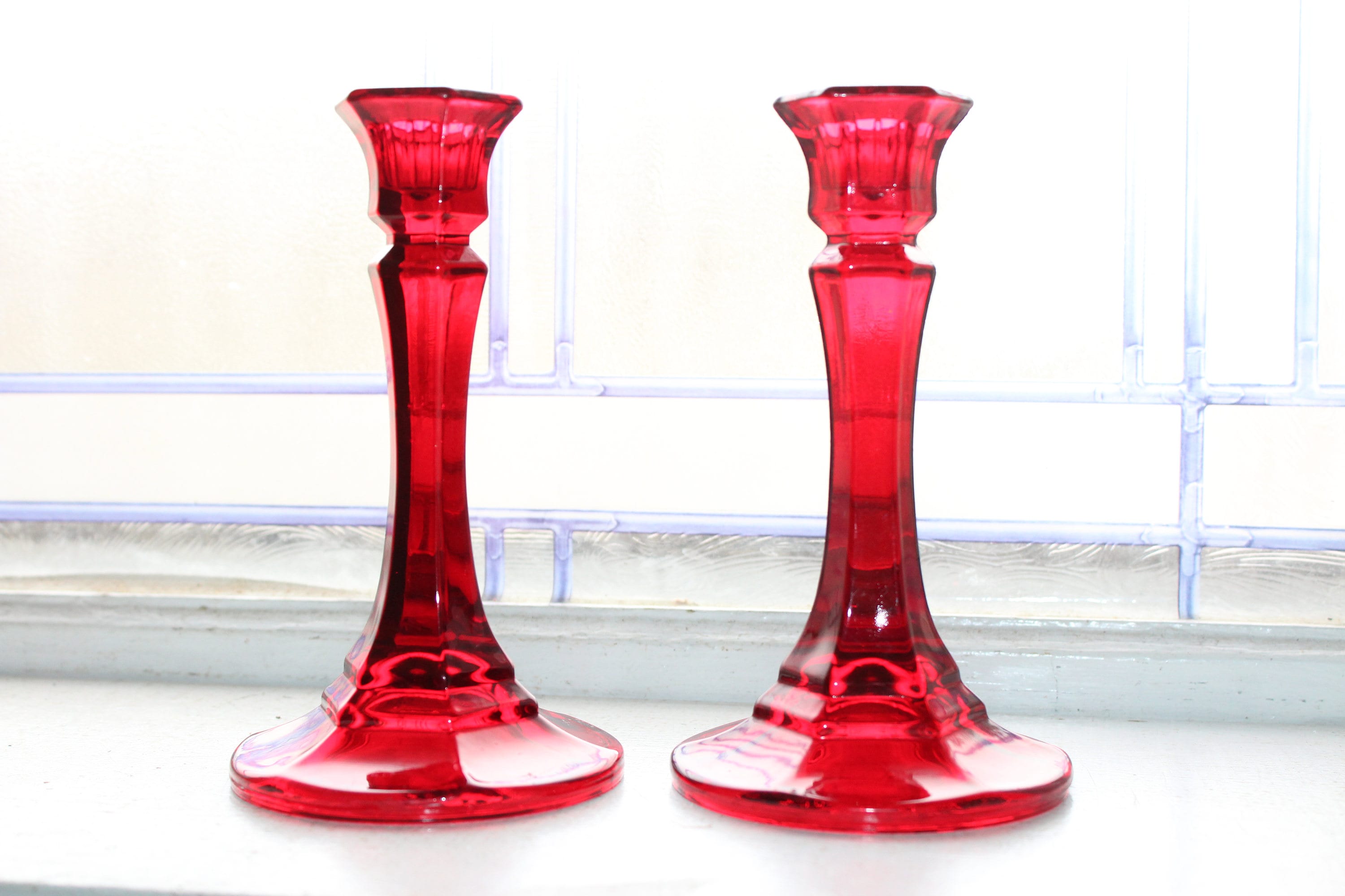 Vintage Candlestick Holders Pair Ruby Red Glass Christmas Decor