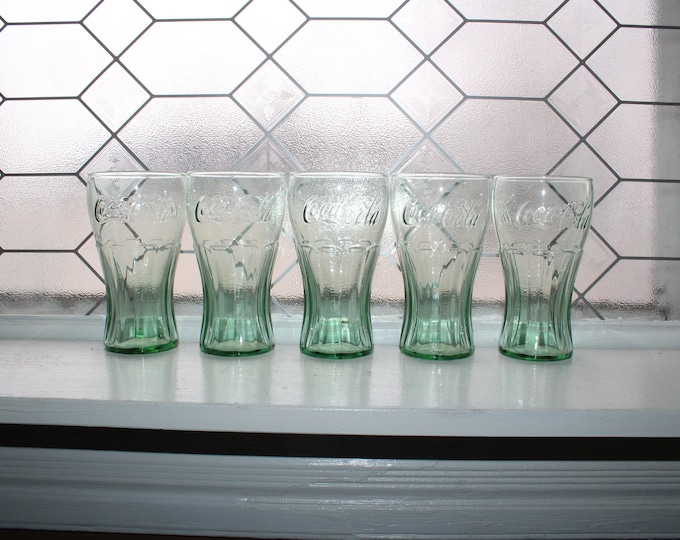 5 Vintage Libbey Coca Cola Green Glasses 16 Oz Restaurant Ware