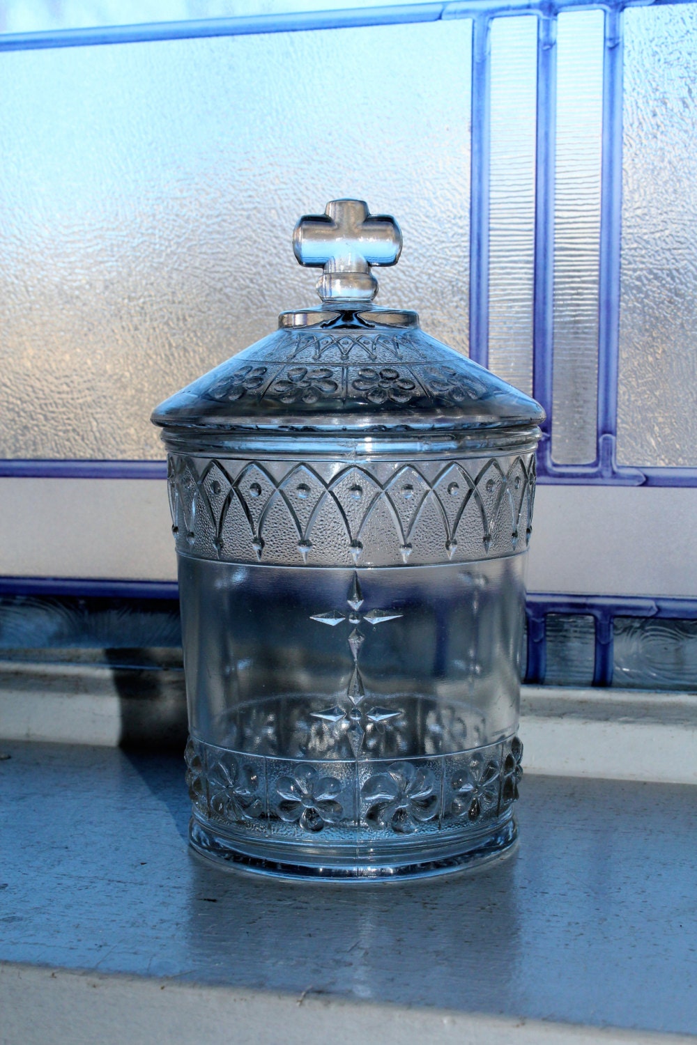 EAPG Glass Covered Jar Cross Finial Antique 1800s Dish