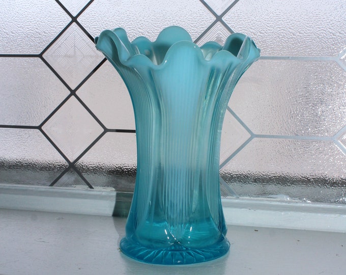 Northwood Glass Vase Blue Opalescent Ribbed Antique Art Glass