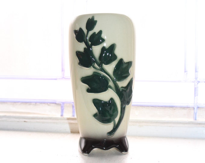 Vintage Royal Copley Ivy Vase Green and White Mid Century 7"