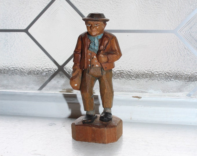 Vintage Anri Carved Wood Figurine Traveling Man with Bag