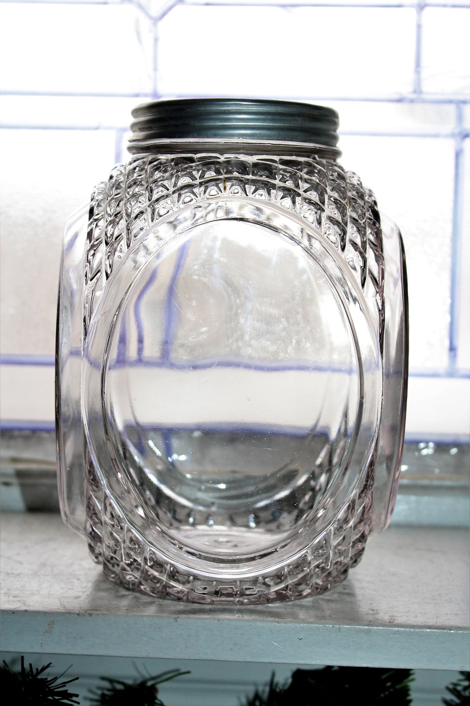 Antique Duncan Miller Large Glass Kitchen Storage Jar & Tin Lid 1800s