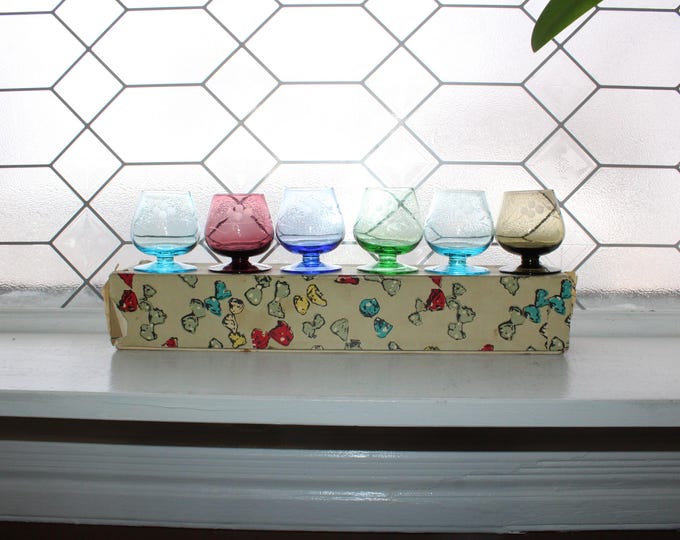 6 Vintage Mid Century Liqueur Glasses Multi Colored Wheel Cut with Original Box