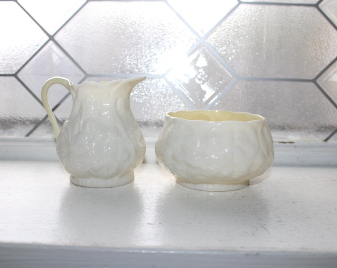 Vintage Belleek Lotus Creamer and Sugar Bowl 4th Green Mark