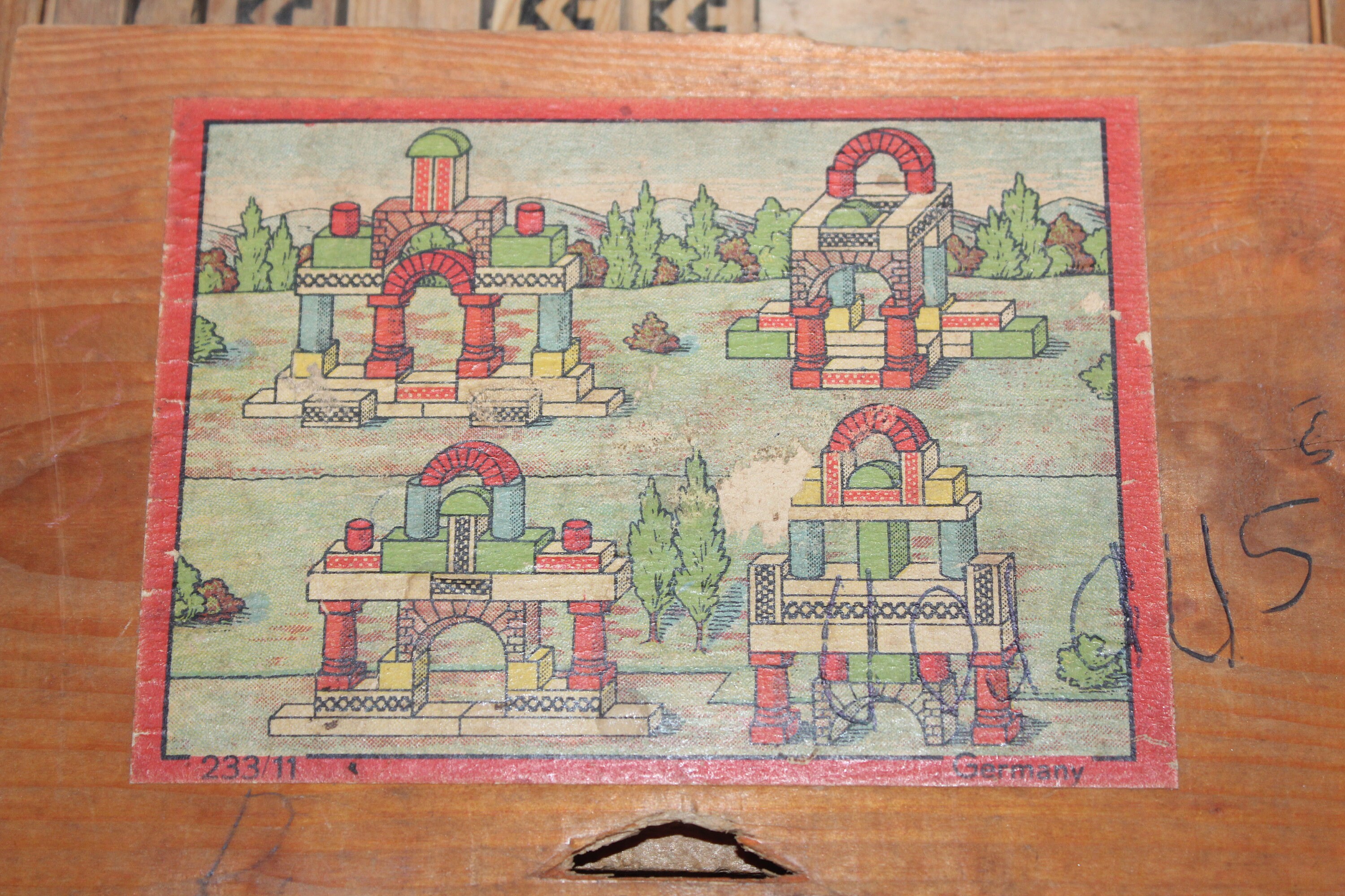 Antique Toy Wood Building Blocks In Box Made in Germany 1910s