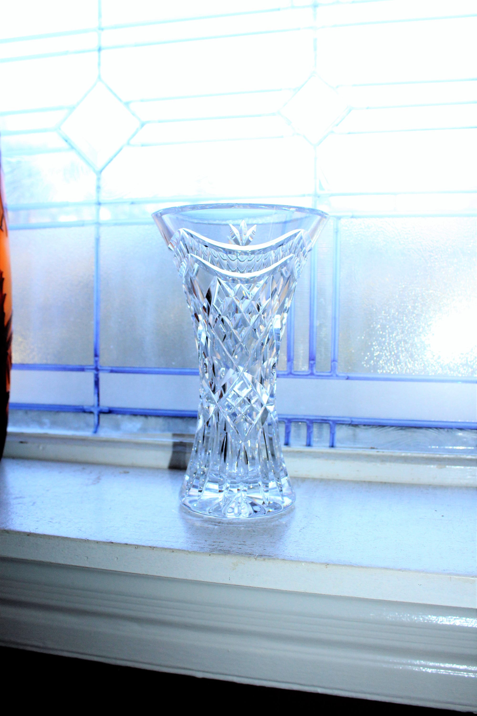 Vintage Cut Crystal Trumpet Vase Flared Top marked VNO