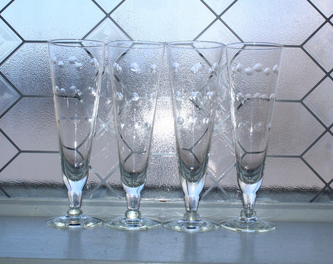 4 Vintage Mid Century Glass Cut Dots Champagne Flutes Cocktail Glasses