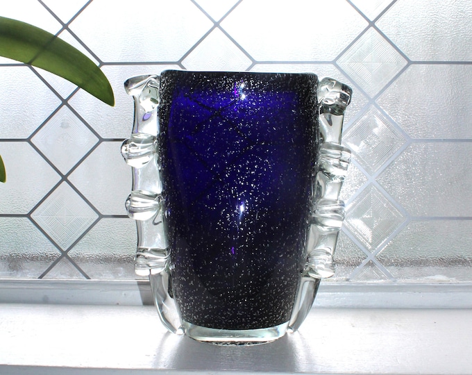 Vintage Murano Glass Vase Cobalt Blue with Silver Aventurine & Applied Clear Handles