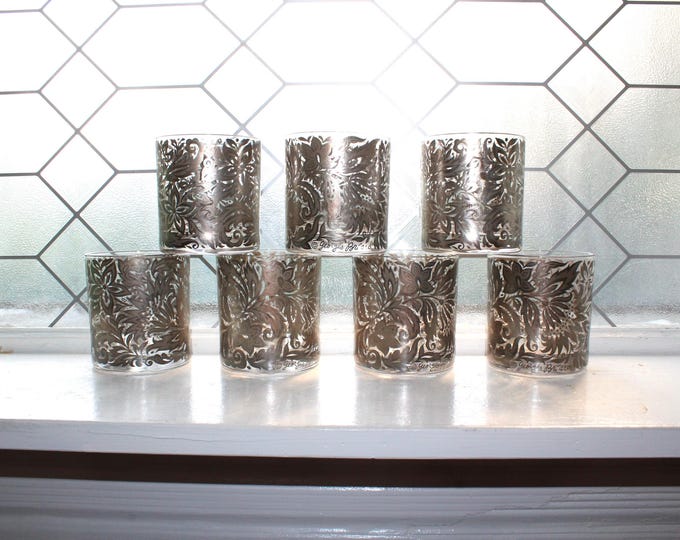 7 Mid Century Georges Briard Glass Silver Overlay Damask Old Fashioned Tumblers
