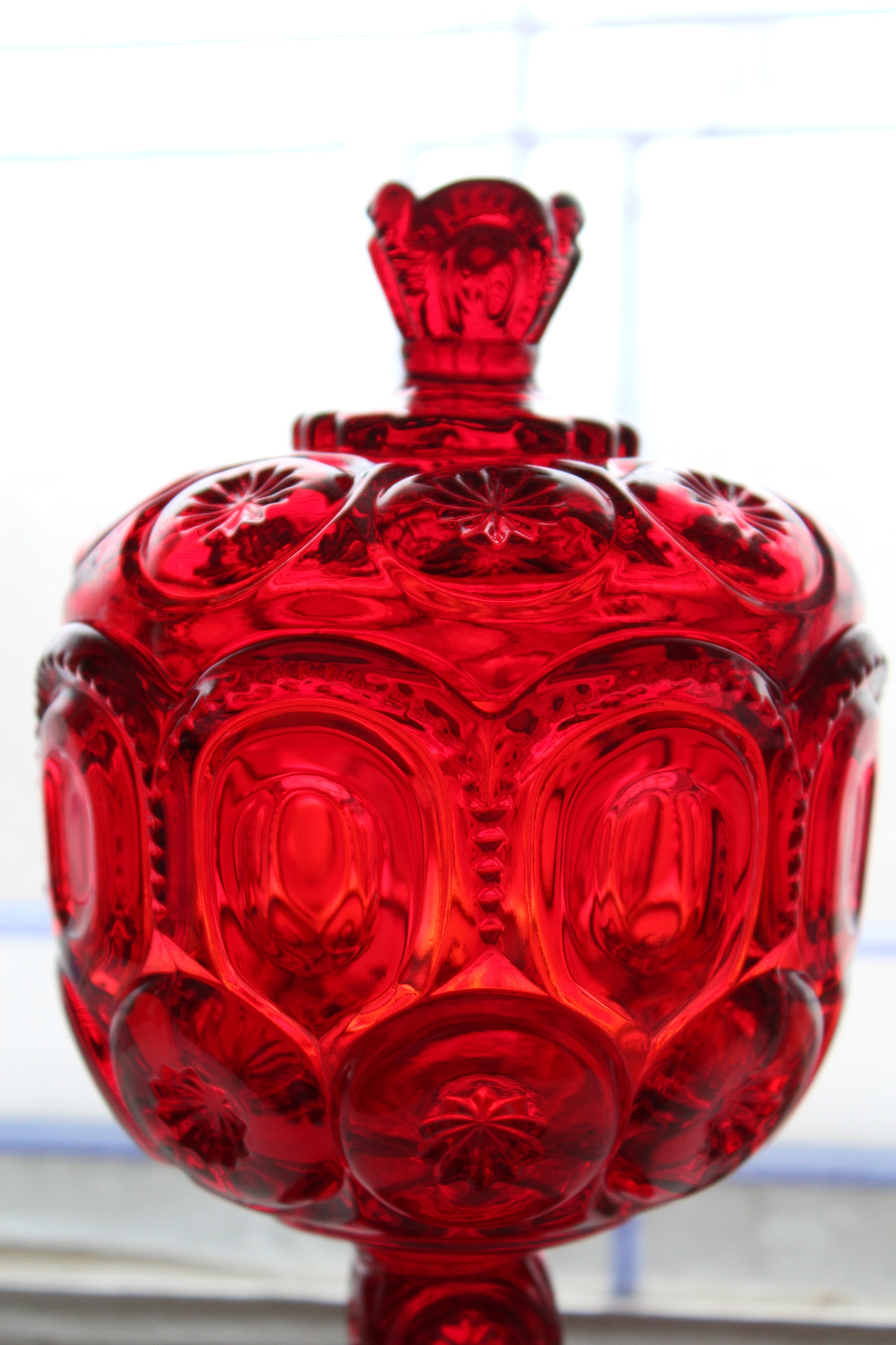 Red Moon and Stars Candy Dish Compote with Lid 8 Vintage 1960s