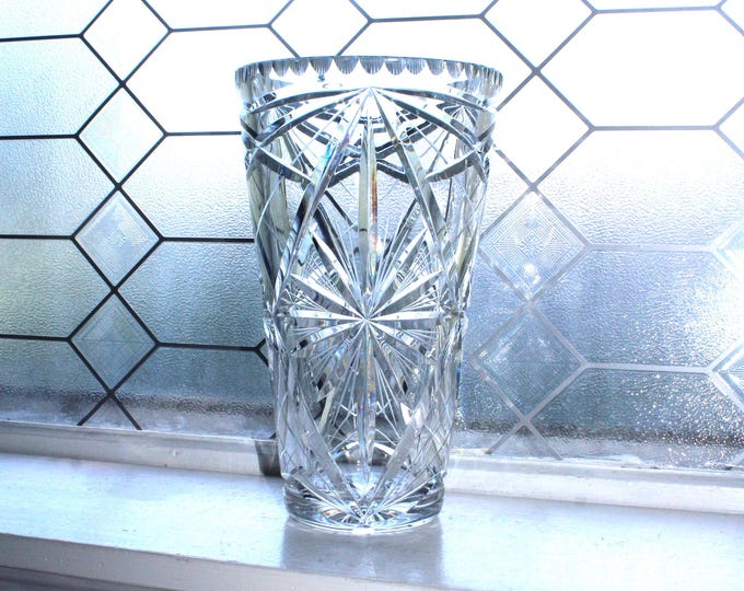 Elegant Vintage Cut Crystal Large Vase 10" Starburst and Geometric