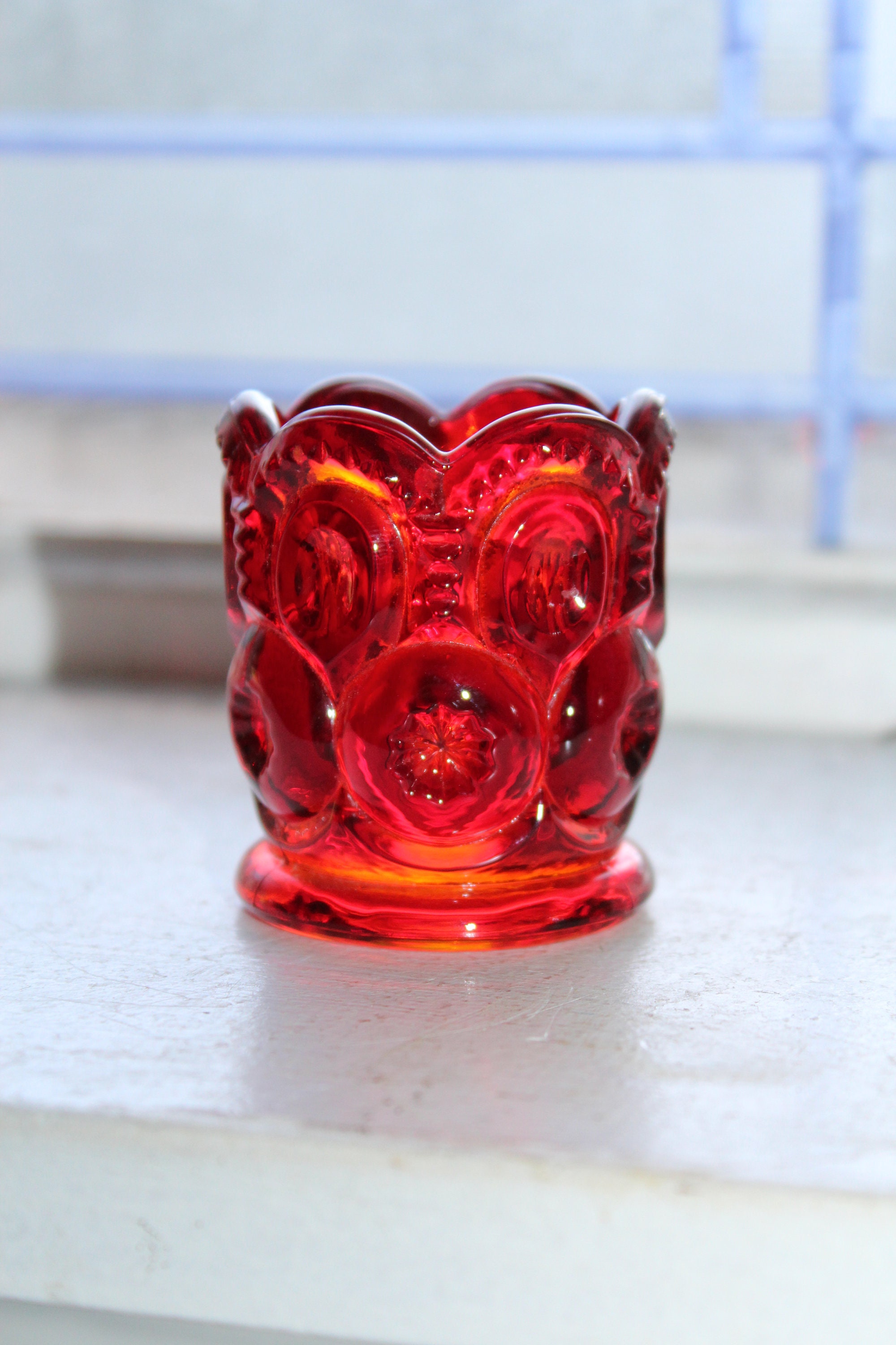 Vintage Amberina Glass Toothpick Holder Red Moon and Star Pattern