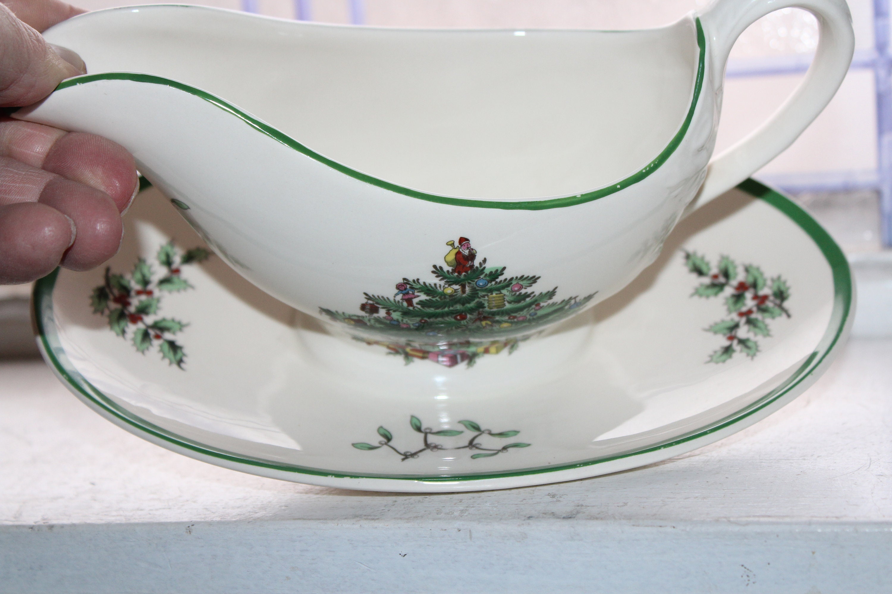 Vintage Spode Christmas Tree Gravy Boat with Under Plate