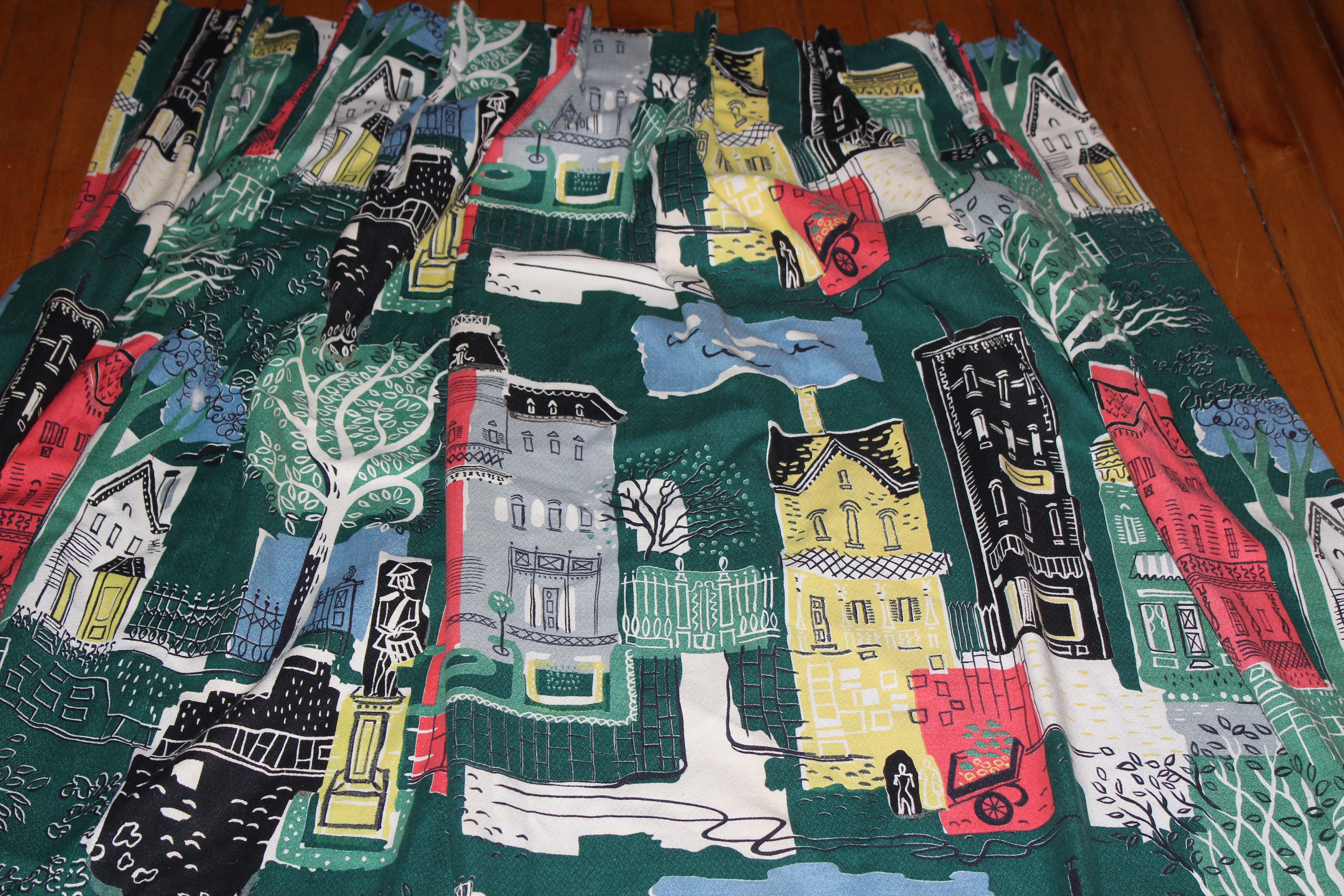 Vintage 1950s Barkcloth Fabric Mid Century Cityscape 80 x 64 Inches