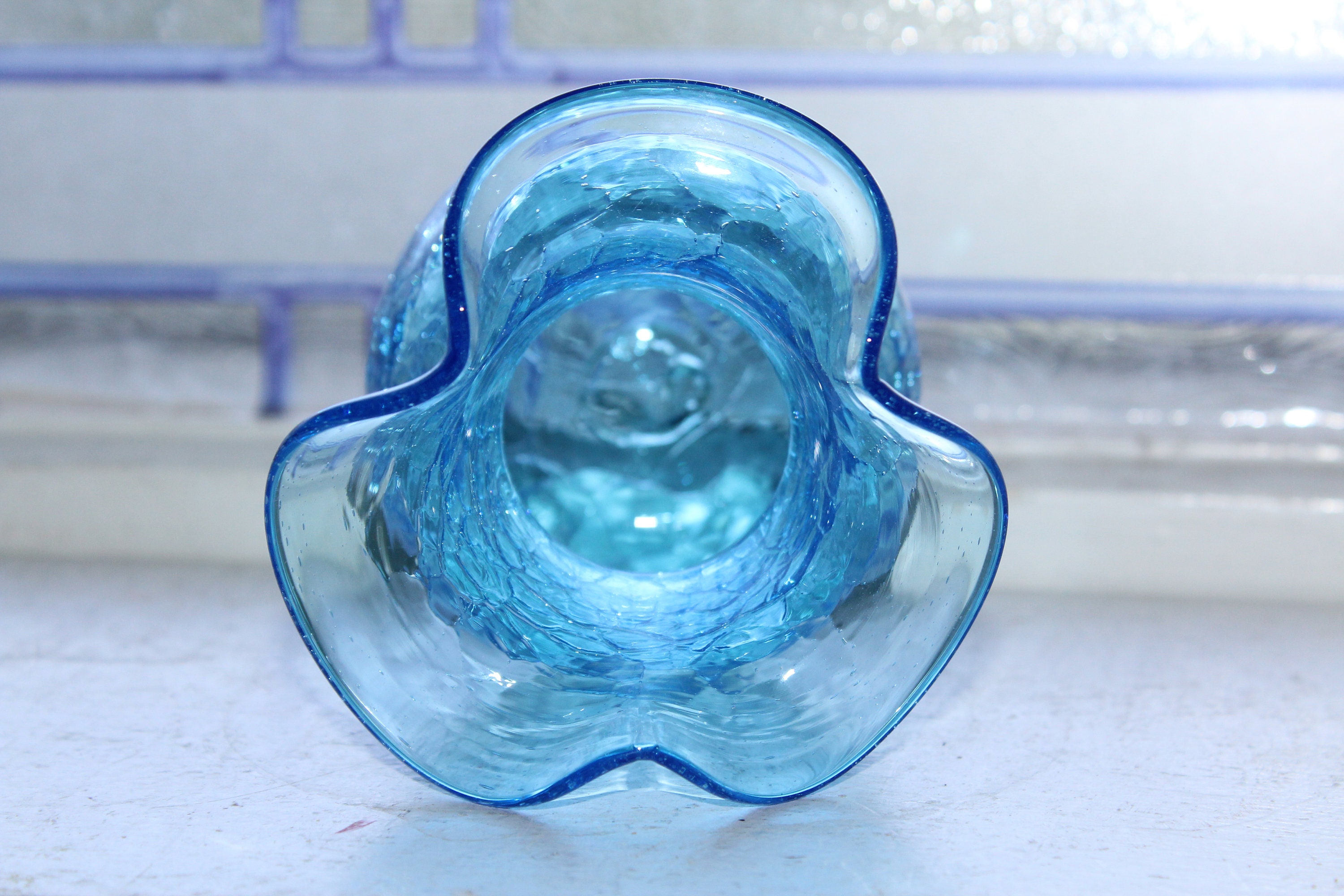 Vintage Mid Century Blue Crackle Glass Vase