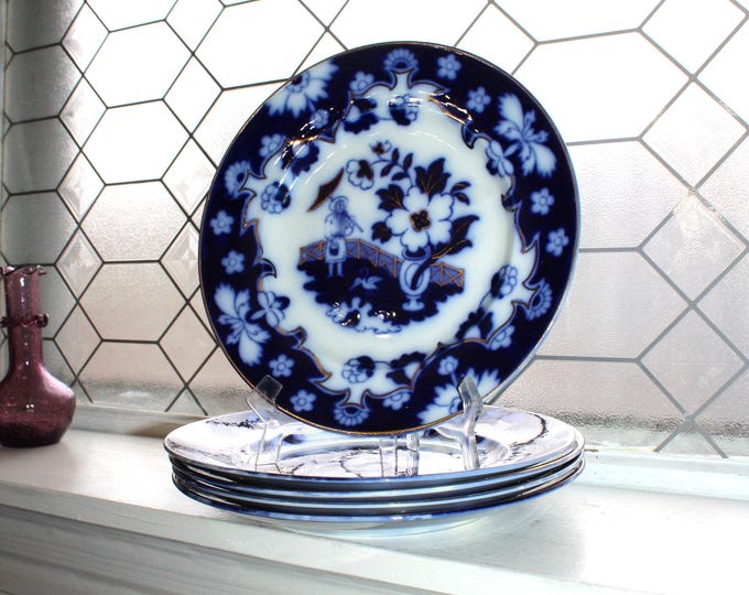 5 Antique Dark Flow Blue Salad Plates 8" Royal Staffordshire Pekin Gold Trim