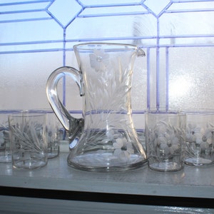 Vintage Mid Century Wheel Cut Crystal Pitcher & 6 Tumblers