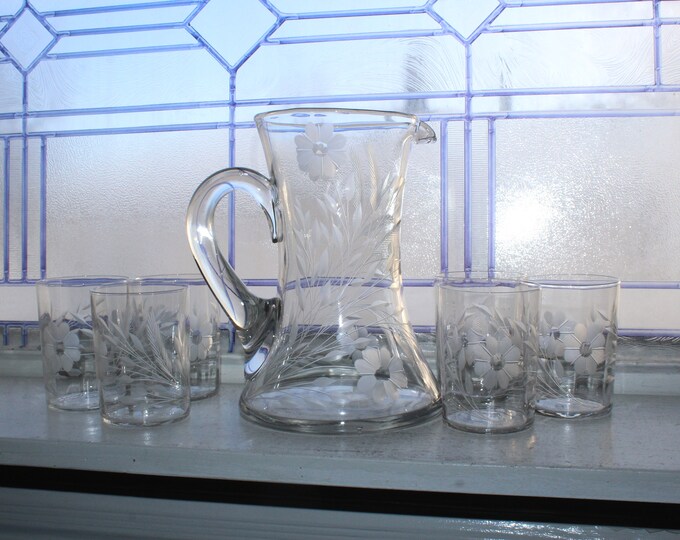 Vintage Mid Century Wheel Cut Crystal Pitcher & 6 Tumblers