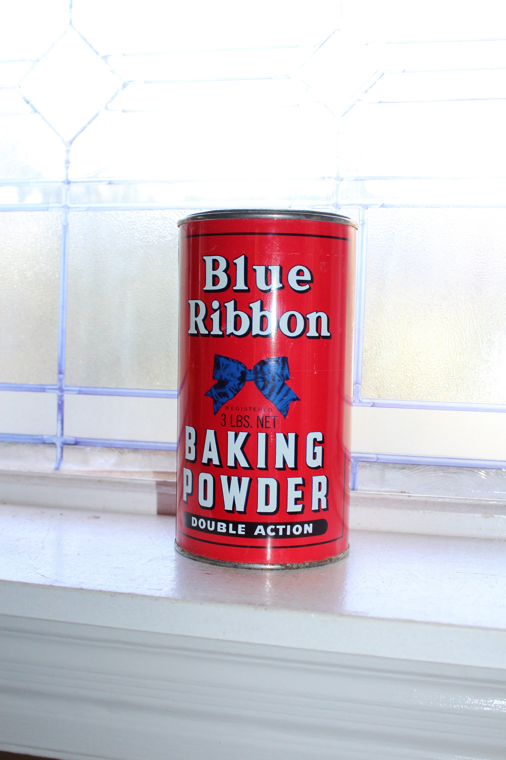 Large Vintage Blue Ribbon Baking Powder Tin 3 Lb Size