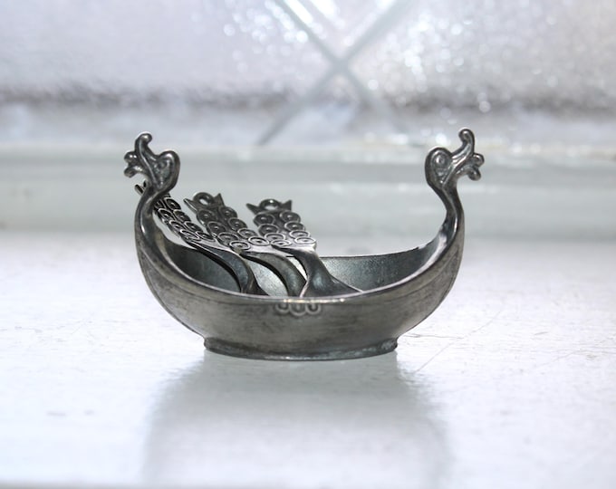 Pewter Norwegian Viking Ship Salt Cellar & Spoons Vintage Scandinavian