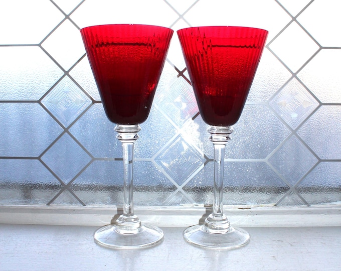 2 Vintage Pier 1 Ruby Red Glass Oversized Wine or Water Goblets