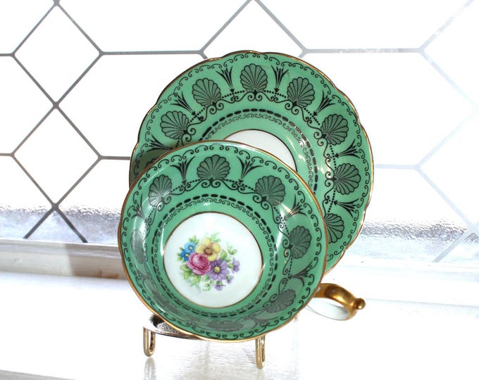 Vintage Royal Bayreuth Green Cup and Saucer Floral Bouquet Black Art Deco Trim