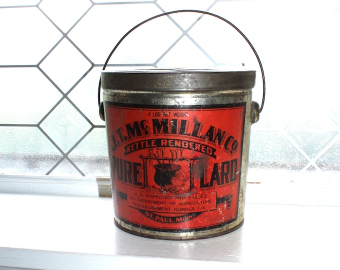 Antique JT McMillan's Pure Lard Tin with Bail Handle