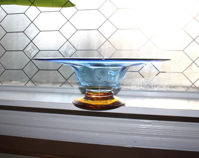 Huge Richard Blenko Signed Blue Glass Centerpiece Bowl Circa 2001 15"