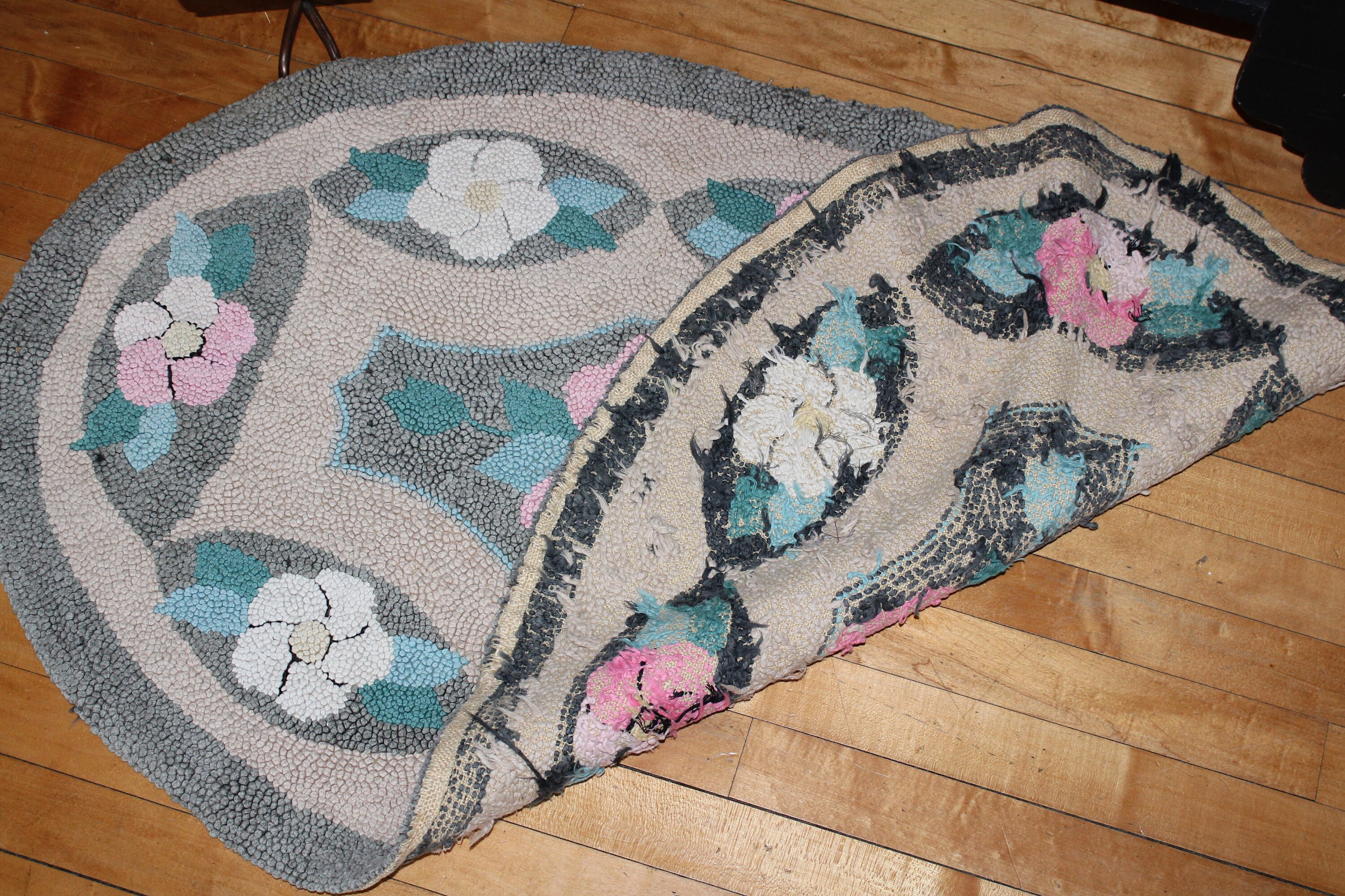 Large Hooked Rug Vintage 1940s 45 x 27 Inches Gray Pink & Blue Floral